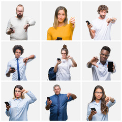 Sticker - Collage of group of people using smartphone over isolated background with angry face, negative sign showing dislike with thumbs down, rejection concept