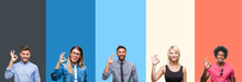Collage Of Group Of Young People Over Colorful Vintage Isolated Background Smiling Positive Doing Ok Sign With Hand And Fingers. Successful Expression.