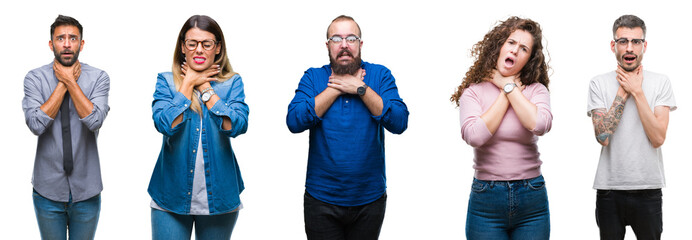 Sticker - Collage of group of young casual people over isolated background shouting and suffocate because painful strangle. Health problem. Asphyxiate and suicide concept.