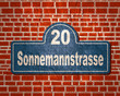 Street signs with an inscription in german Sonnemannstrasse street, the building number twenty Frankfurt, Germany. Address of European Central Bank