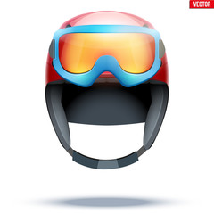 Wall Mural - Classic Ski helmet with snowboard goggles. Front view. Winter mountain vacation. Vector isolated on white background