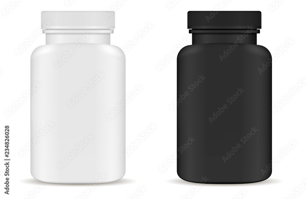 Drug medical bottles set. Black and white 3d Vector illustration. Mockup Template of medicine packaging for pills, capsule, drugs. Sports and health life supplements. - obrazy, fototapety, plakaty 