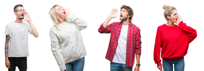 Poster - Collage of group of young people over white isolated background shouting and screaming loud to side with hand on mouth. Communication concept.