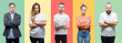 © Krakenimages.com - Collage of group people, women and men over colorful isolated background skeptic and nervous, disapproving expression on face with crossed arms. Negative person.