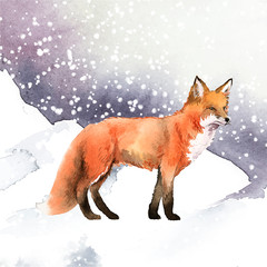 Canvas Print - Hand-drawn fox in the snow watercolor style