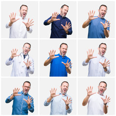 Poster - Collage of senior hoary elegant man over white isolated background afraid and terrified with fear expression stop gesture with hands, shouting in shock. Panic concept.