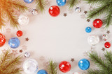 Fototapeta Panele - Christmas card mockup with blue and red baubles 3D rendering