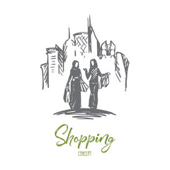 Wall Mural - Shopping, city, muslim, arab, hijab concept. Hand drawn isolated vector.