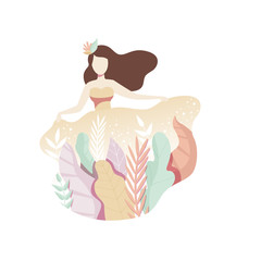 Sticker - Beautiful romantic girl wearing a dress made of leaves vector Illustration on a white background