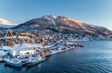 Sticker - Aerial view to the city of Tromso and it's marina in winter, North Norway.
