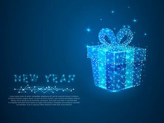 New Year gift with polygon line on abstract background. Polygonal space low poly with connecting dots and lines. Holiday wireframe concept. Connection structure. Vector science background