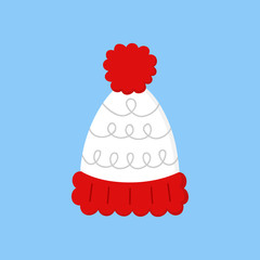 Wall Mural - Cute bobble hat vector illustration icon. Winter, christmas, seasonal, knitted white hat with red pompom, bobble. Isolated on blue background.