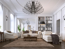 Luxury Classic Interior Of Living Room And Dining Room With White Furniture And Metal Chandeliers.