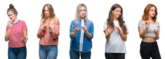 Poster - Collage of young beautiful grop of women over isolated background disgusted expression, displeased and fearful doing disgust face because aversion reaction. With hands raised. Annoying concept.