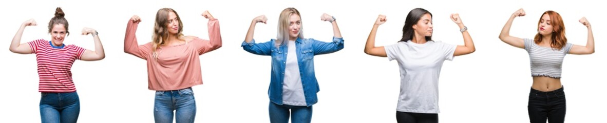 Sticker - Collage of young beautiful grop of women over isolated background showing arms muscles smiling proud. Fitness concept.