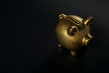 Luxury Golden Pig Money Box On Black Background. Concept Of Big Savings Finance.