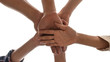 © suphaporn - under view friendship People partnership teamwork  stacking hands on white background , Business  teamwork concept