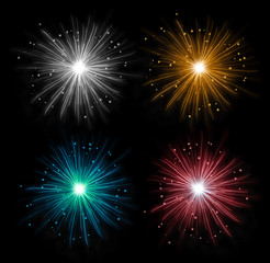 Wall Mural - Colorful fireworks isolated in pure dark background. Celebration festive decoration.