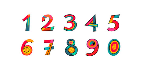 Number vector icon set. Cute cartoon flat font numbers and isolated on white alphabet letters, colorful one to nine symbols. Vector illustration and decoration. EPS 10