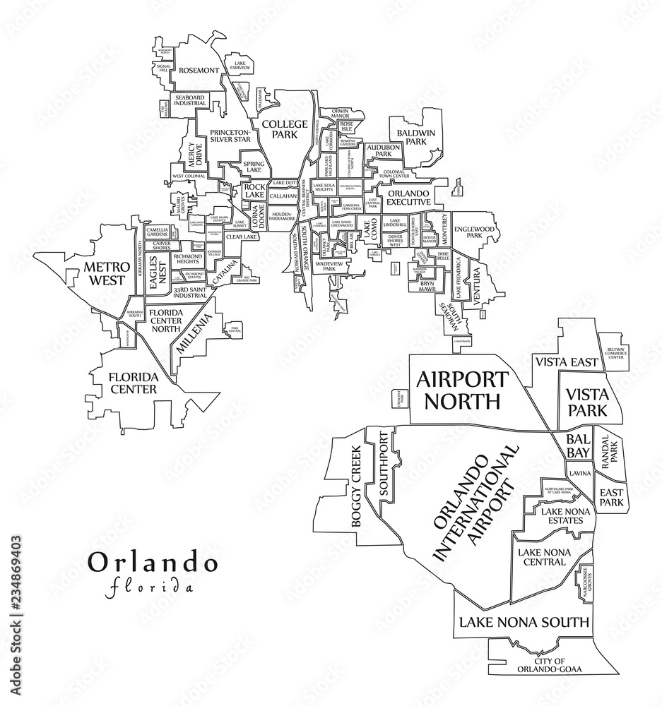 Modern City Map - Orlando Florida city of the USA with neighborhoods and  titles outline map Stock Vector | Adobe Stock, image size:937x1000