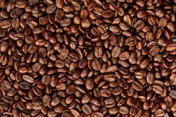 Roasted brown coffee beans pattern, background, top view