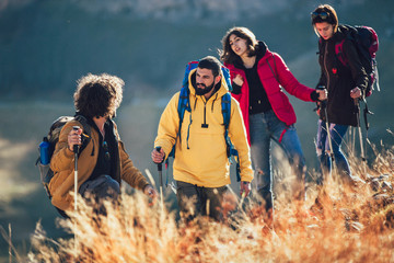 Wall Mural - Group of hikers walking on a mountain at autumn day