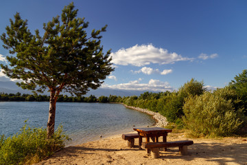 Wall Mural - Picnic place on the sand shore of beautiful lake, pine tree, summer sunny day. Place for recreation. Calm and tranquility.