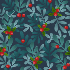 Wall Mural - seamless cute pattern of a winter forest and berries. Christmas card with berry and mistletoe.