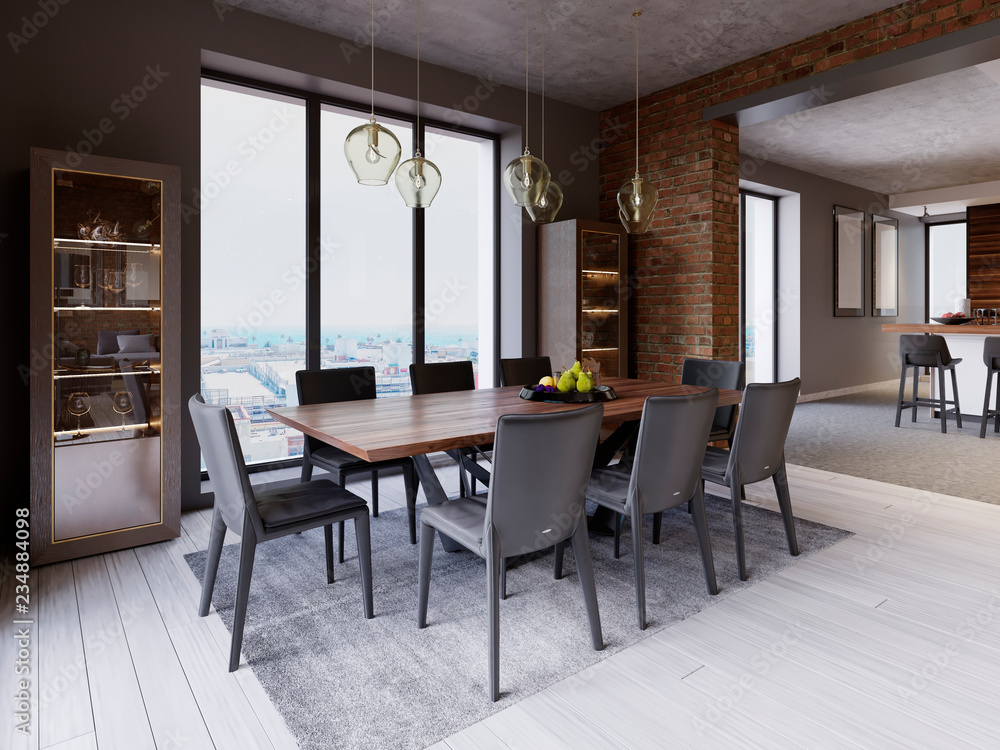 Cozy Loft With Dining Table Chairs And Storage Racks Obraz Na