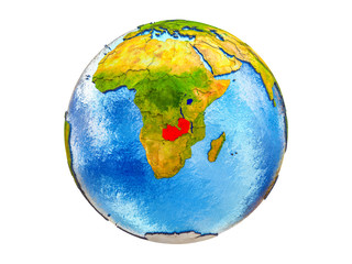 Zambia on 3D model of Earth with country borders and water in oceans. 3D illustration isolated on white background.