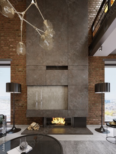 Large High Concrete Fireplace With Built In Firebox With Burning