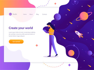 Wall Mural - Create your world. Web development. Girl holding a device in which space. Web banner design template. Flat vector illustration.