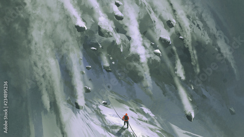 Fotomural scene of the climber man and snow rocks falling rapidly down a mountainside, di