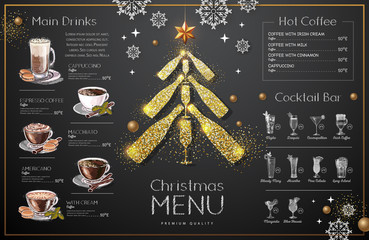 Wall Mural - Christmas menu design with golden champagne glasses. Restaurant menu. Pyramid of champagne glasses