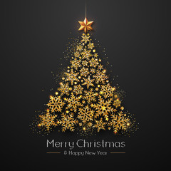 Wall Mural - Christmas poster with golden Christmas tree. Christmas greeting card