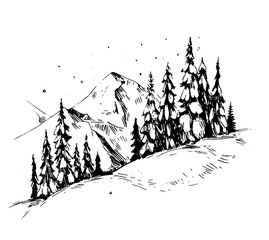 Winter background with mountains, snow and trees. Hand drawn illustration converted to vector.