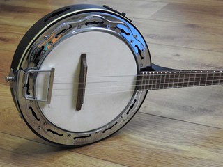 Wall Mural - Close-up of a Brazilian string musical instrument: samba banjo. It is widely used to accompany samba, the most famous Brazilian rhythm. It is made of wood, metal and leather.