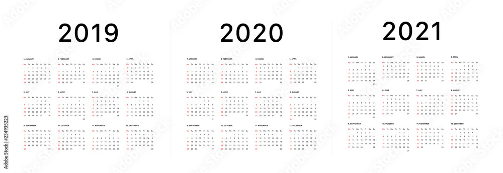 2019 calendar starting sunday Calendar 2019 and 2020 template. Calendar design in black and white colors, holidays in red colors. Vector - obrazy, fototapety, plakaty 
