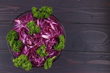 Wall Mural - Red cabbage salad in a plate copy space place for text