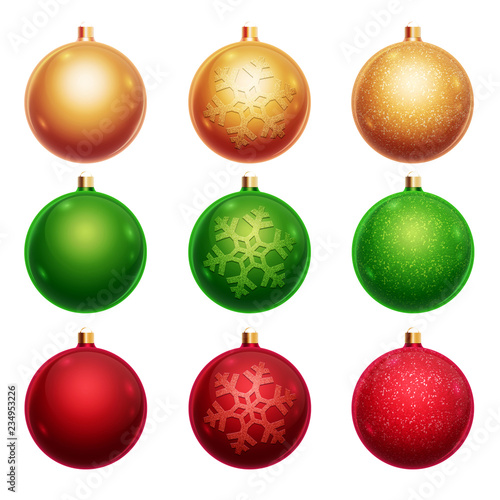 Set Of Christmas Balls Of Gold Red Green Isolated On White