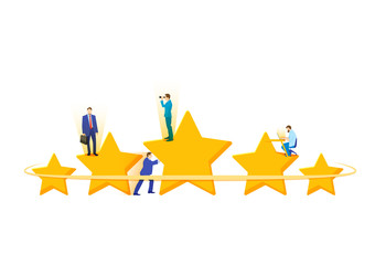 Flat isometric concept of five stars, best rating, customer feedback, positive review. Winner award First place competition stars. Success reward. Business Success reviews from customers.