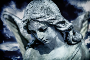 Wall Mural - Beautiful sad angel marble sculpture looks down. Pain, religion, faith concept.