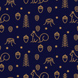 Winter woods and squirrels line style vector blue background. Festive season seamless christmas pattern for gift wrap paper design.