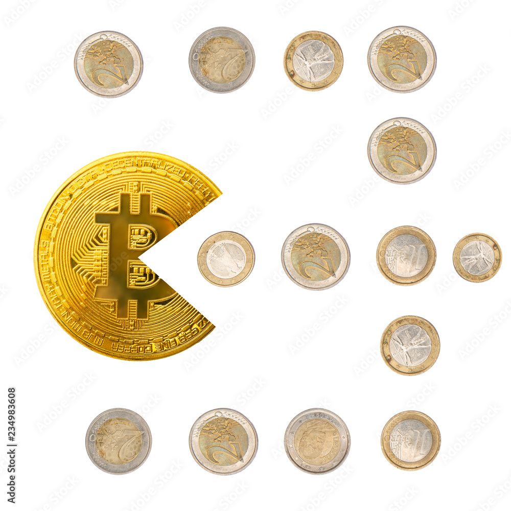 Bitcoin pacman shape eating euro coins isolated on white. Bitcoin  cryptocurrency banking money and Euro coins Stock Photo | Adobe Stock