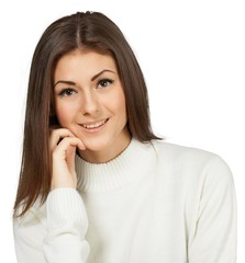 Friendly Young Woman with Head Resting on Hand - Isolated