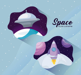 Sticker - startup rocket with spaceship and planets