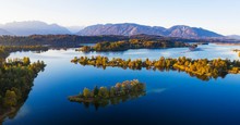 Lake Staffelsee With Gradeninsel, Buchau And Worth Islands, Drone Shot, Bavarian Alpine Foothills, Upper Bavaria, Bavaria, Germany, Europe