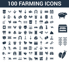 100 Farming Universal Icons Set With Vegetable, Wheat, Vegetables, Sheep, Silo, Farmer, Chicken Coop, Ox, Tractor, Horse
