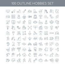 100 Hobbies Outline Icons Set Such As Cooking Linear, Reading Yo