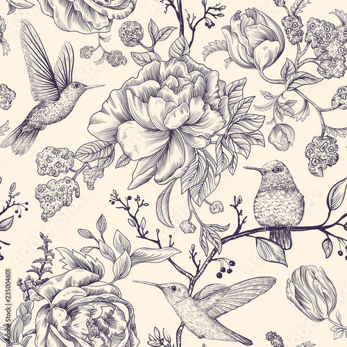 Vector Sketch Pattern With Birds And Flowers Monochrome